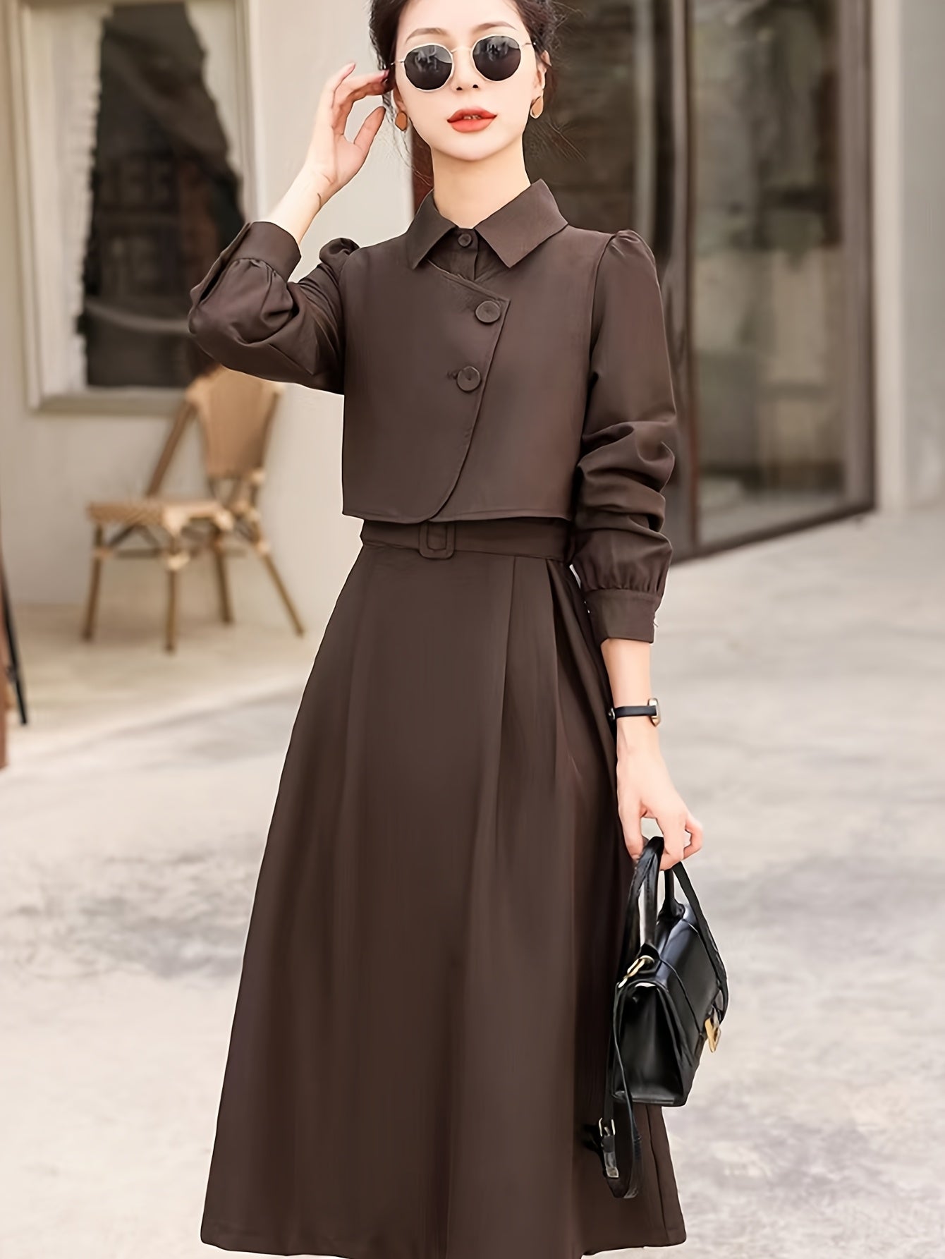 Conjunto elegante de duas peças - Vestido de manga comprida com bainha assimétrica e camisa