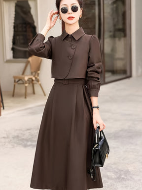 Conjunto elegante de duas peças - Vestido de manga comprida com bainha assimétrica e camisa