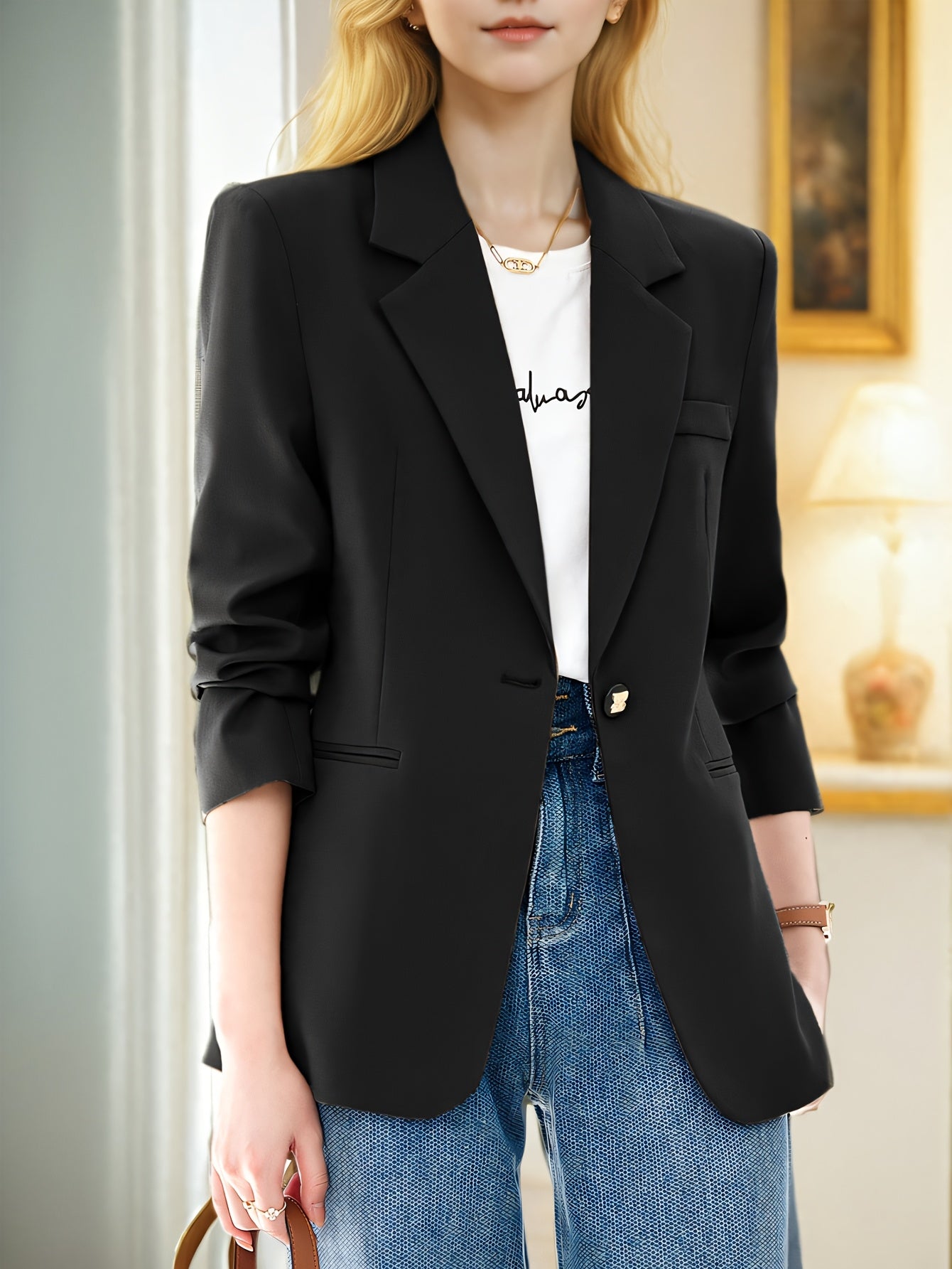 Blazer elegante feminino - ajuste fino chique, manga longa
