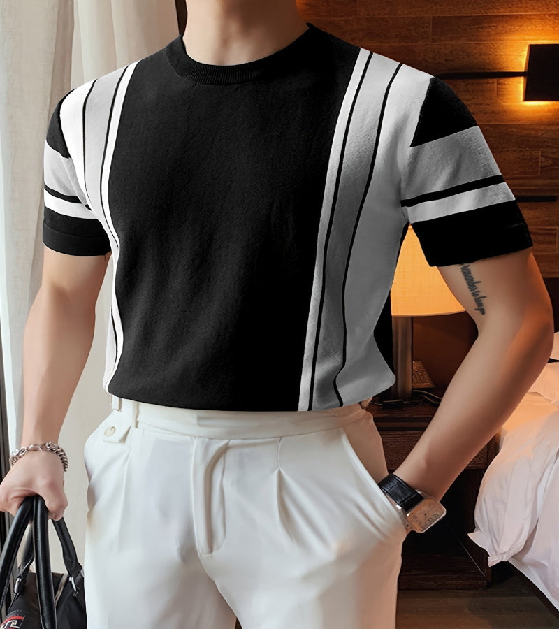 Camisa casual listrada masculina com gola redonda