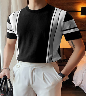 Camiseta casual listrada masculina com gola redonda