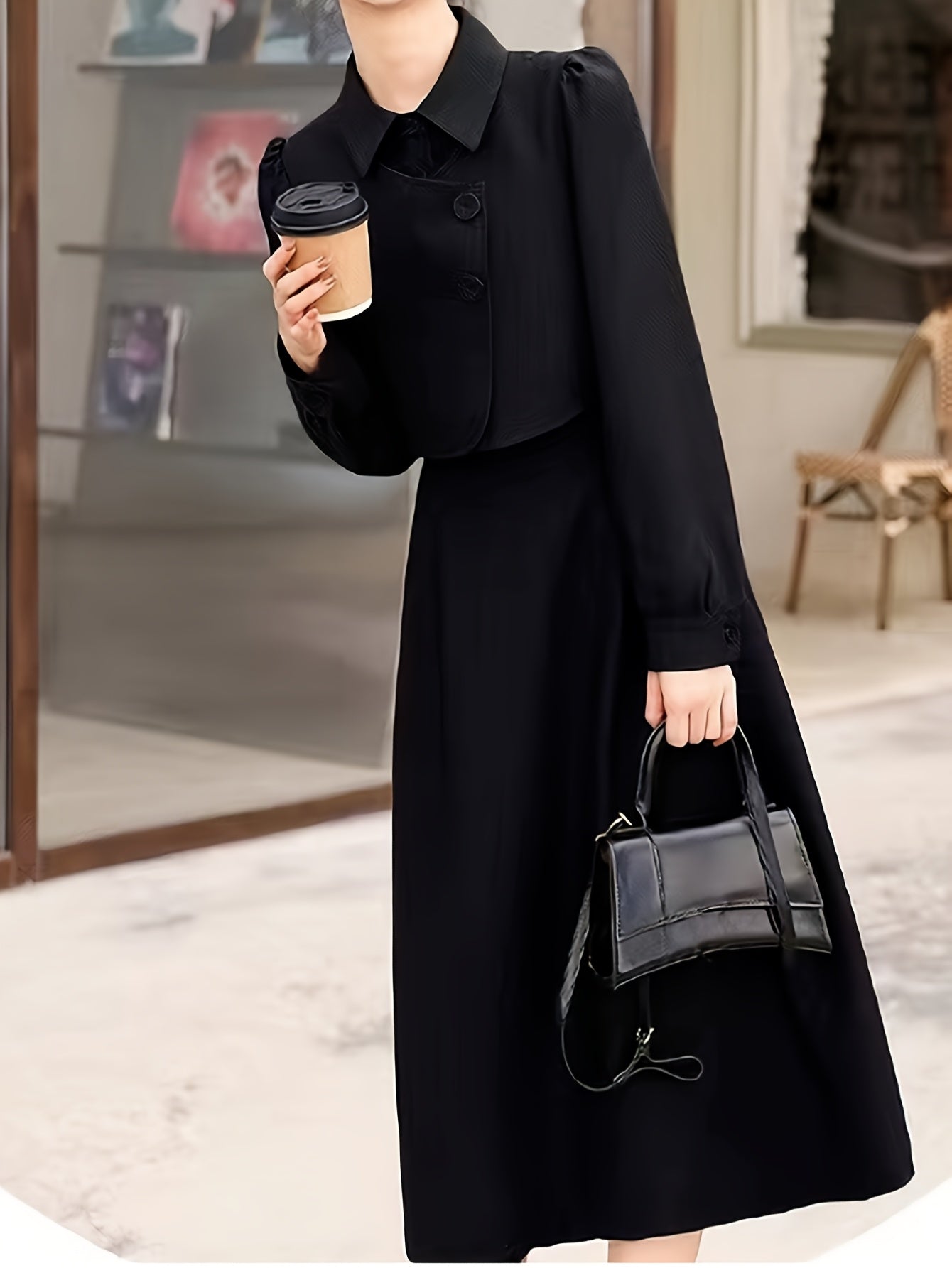 Conjunto elegante de duas peças - Vestido de manga comprida com bainha assimétrica e camisa