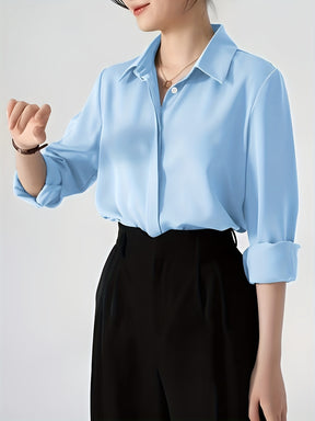 Camisa de botão frontal ,elegante de lapela de  manga comprida