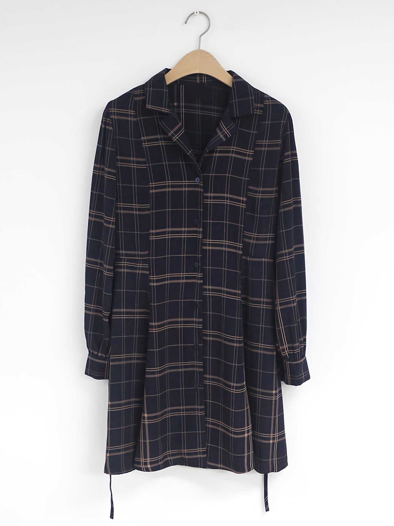 Vestido feminino com gola polo xadrez e cinto, casual, manga comprida, tecido de poliéster