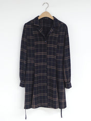 Vestido feminino com gola polo xadrez e cinto, casual, manga comprida, tecido de poliéster
