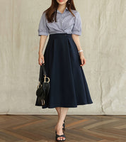 Saia Midi Evasê de Cintura Alta - Look Elegância Coreana