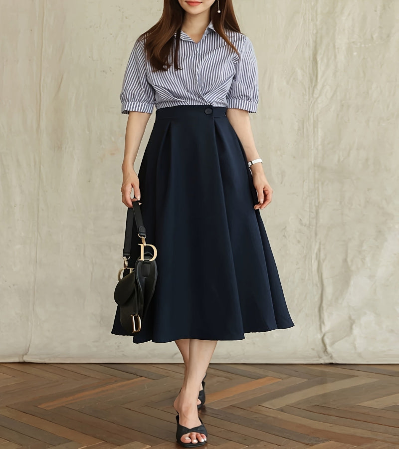 Saia Midi Evasê de Cintura Alta - Look Elegância Coreana