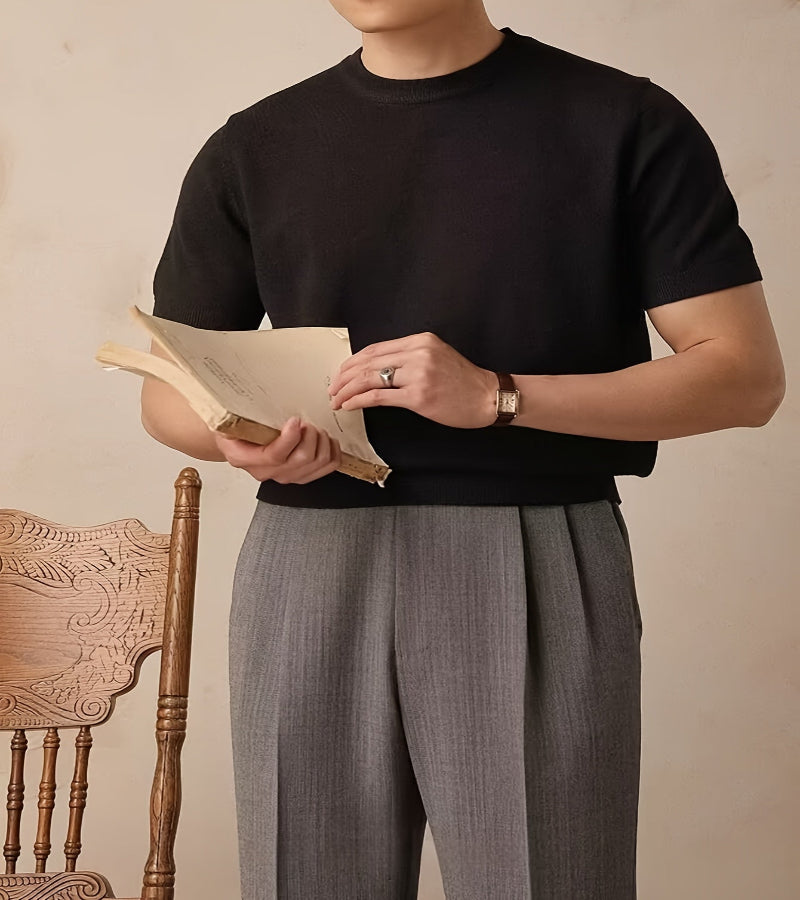 Camisa de malha casual masculina de manga curta - ajuste folgado, gola redonda