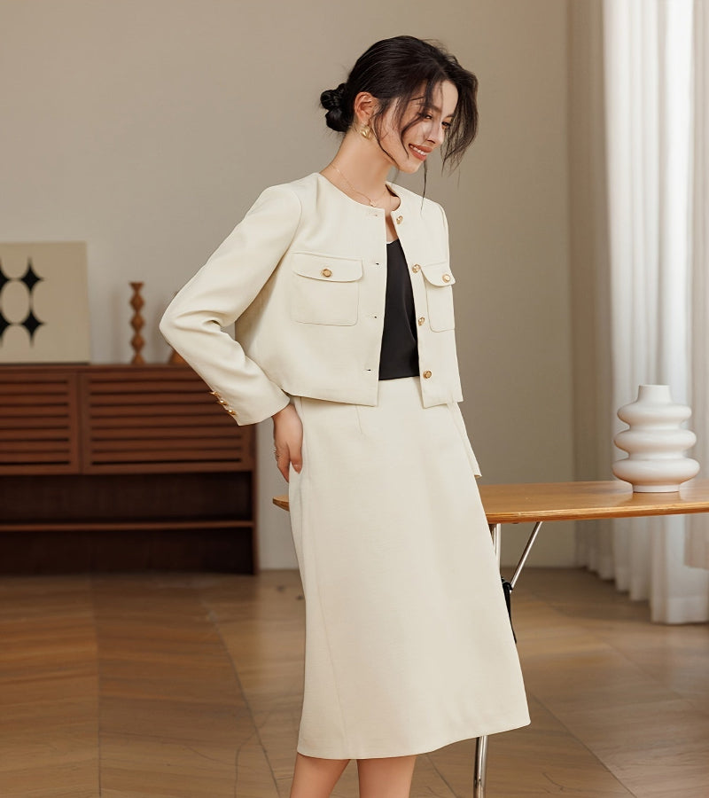 Conjunto Feminino Casaco Curto e Saia de Cintura Alta – Elegância e Sofisticação para Todas as Ocasiões