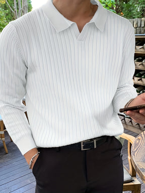 Camisa de malha suéter masculino casual com lapela e decote em V