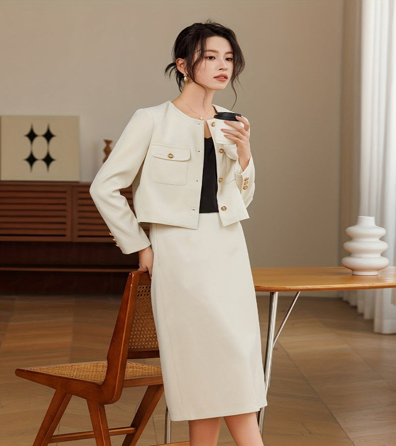 Conjunto Feminino Casaco Curto e Saia de Cintura Alta – Elegância e Sofisticação para Todas as Ocasiões