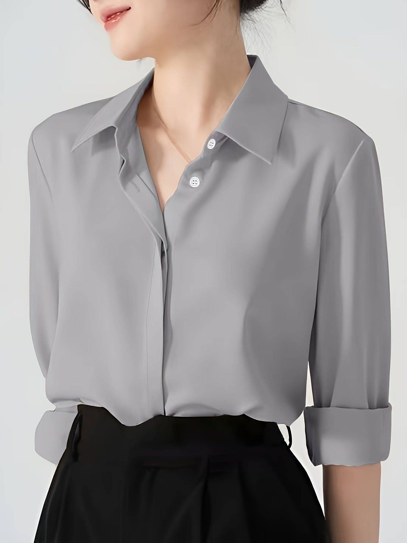 Camisa de botão frontal ,elegante de lapela de  manga comprida