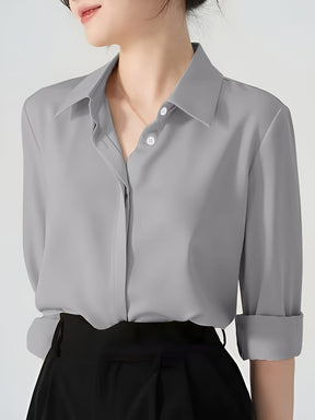 Camisa de botão frontal ,elegante de lapela de  manga comprida