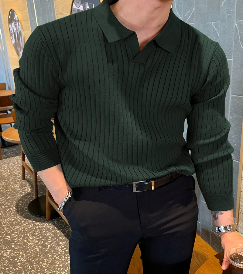 Camisa de malha suéter masculino casual com lapela e decote em V