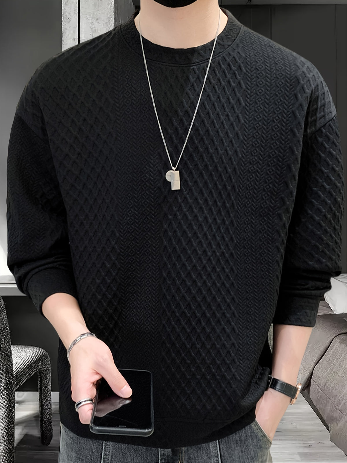 Camisa de malha casual masculino - manga comprida, gola redonda, texturizado