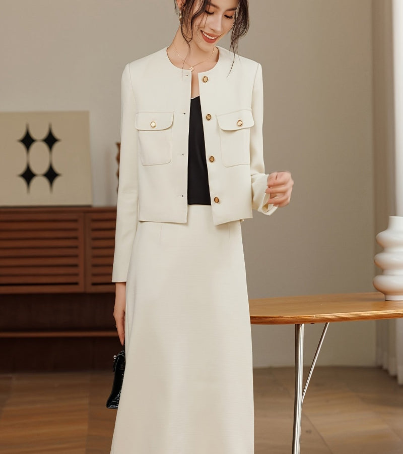 Conjunto Feminino Casaco Curto e Saia de Cintura Alta – Elegância e Sofisticação para Todas as Ocasiões