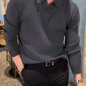 Camisa de malha suéter masculino casual com lapela e decote em V