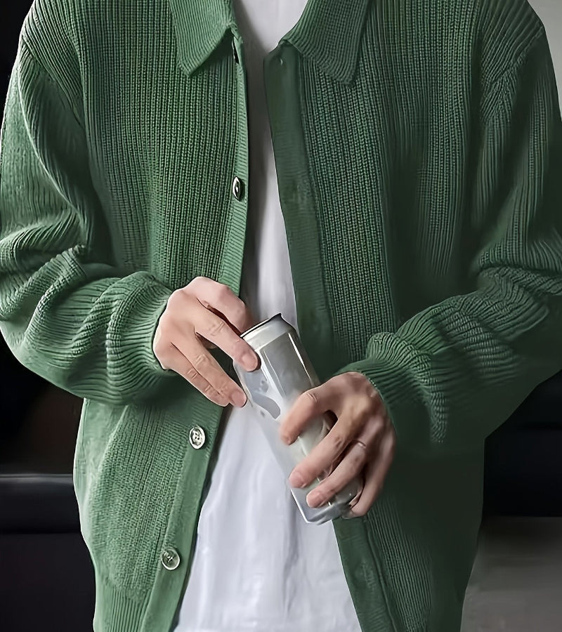 Cardigan Masculino de Malha com Botões e Lapela – Estilo Preppy para Outono e Inverno