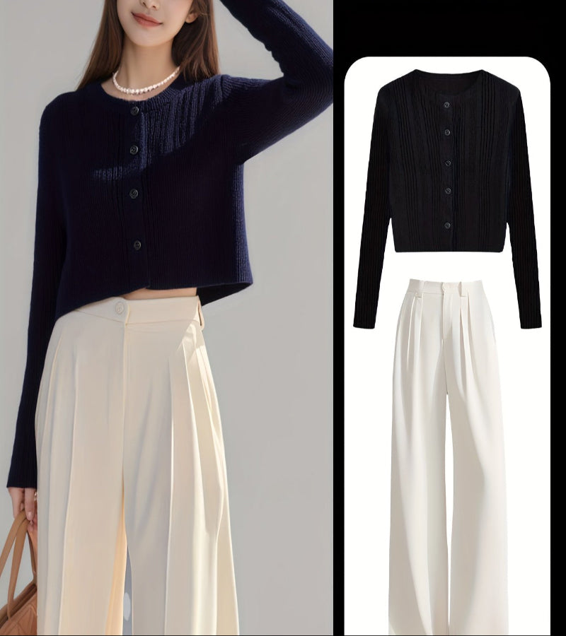 Look Coreano Outono/Inverno – Conjunto Elegante com Blusa de Manga Longa e Calça Casual Bege