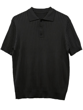 Camisa Polo malha canelada de cor sólida masculino - Top de malha de manga curta