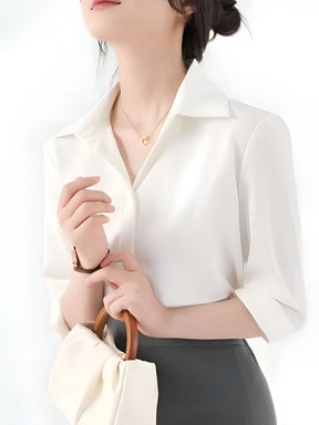 Camisa de botão frontal ,elegante de lapela de  manga comprida
