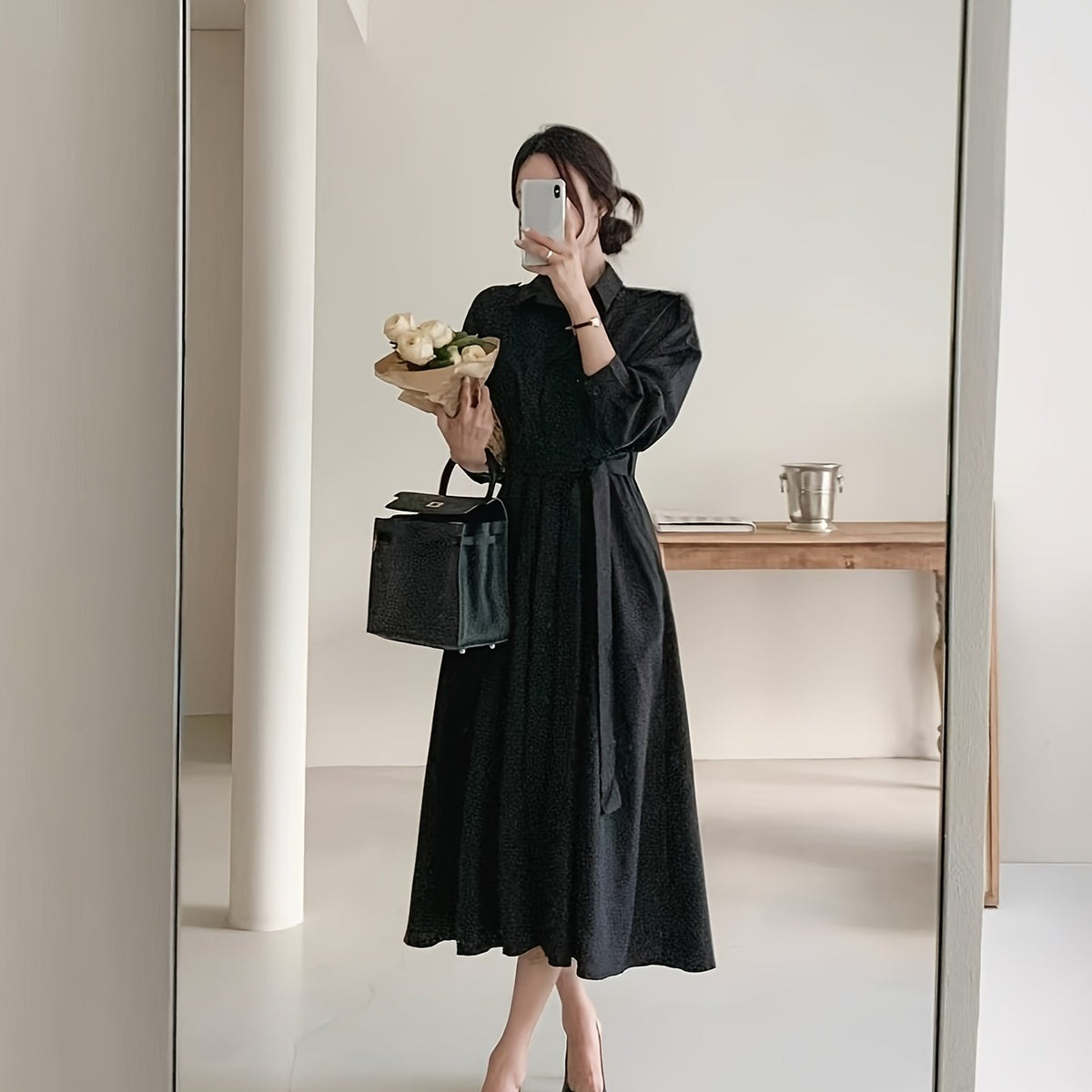 Vestido midi elegante, vestido de poliéster com lapela e gola justa e cinto para primavera