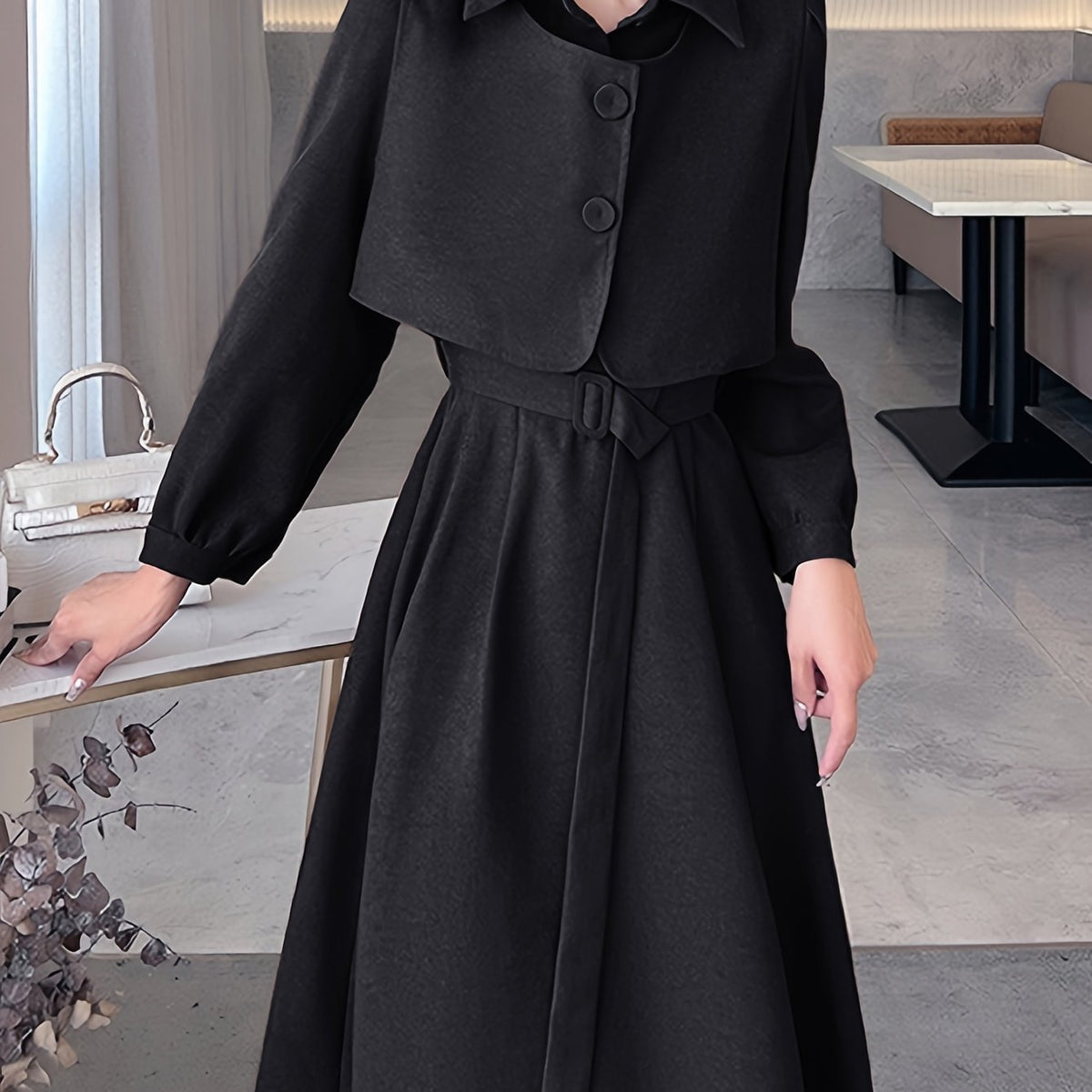 Conjunto elegante de duas peças - Vestido de manga comprida com bainha assimétrica e camisa