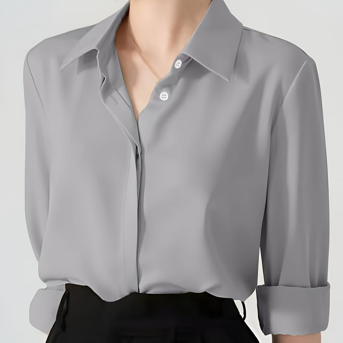 Camisa de botão frontal ,elegante de lapela de  manga comprida