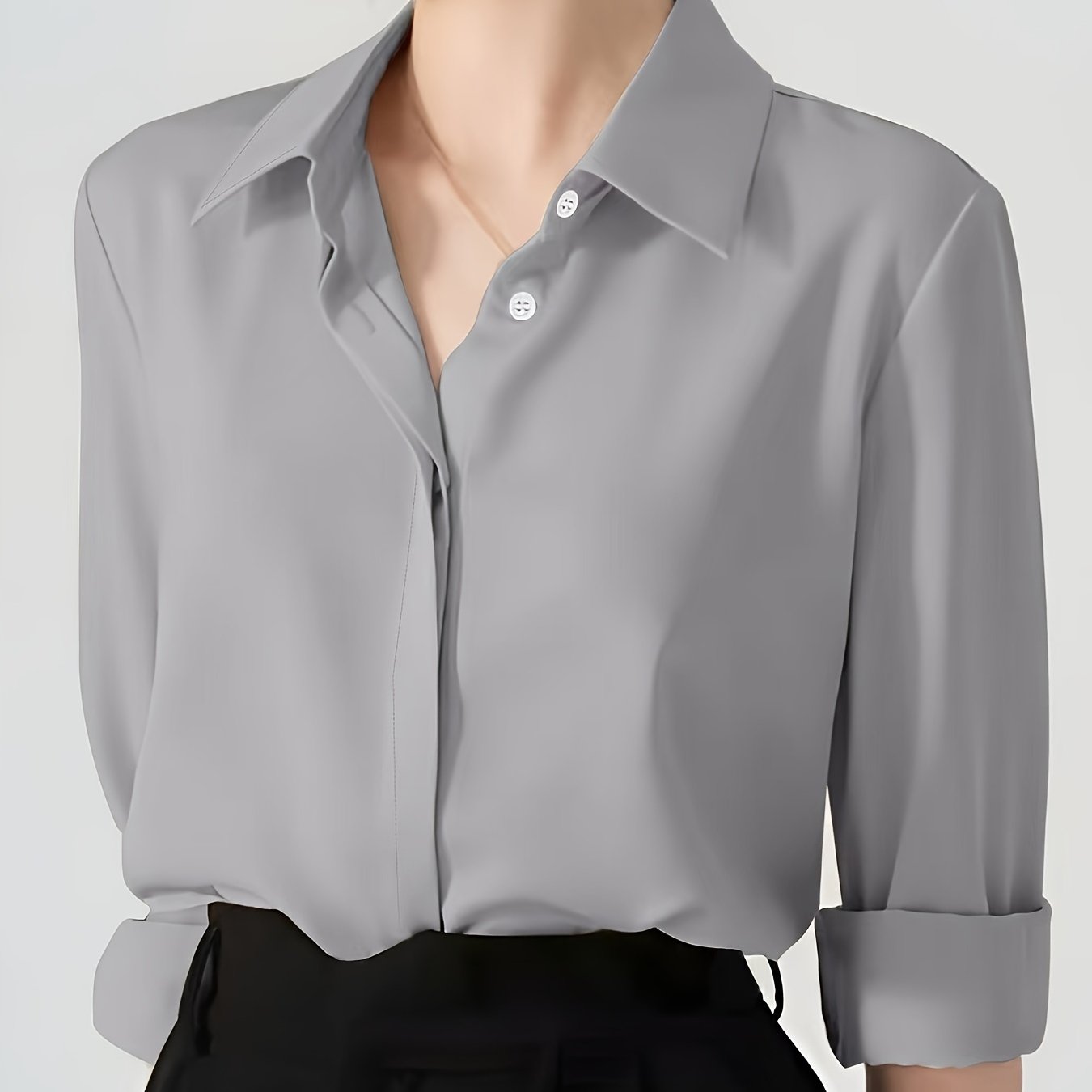 Camisa de botão frontal ,elegante de lapela de  manga comprida
