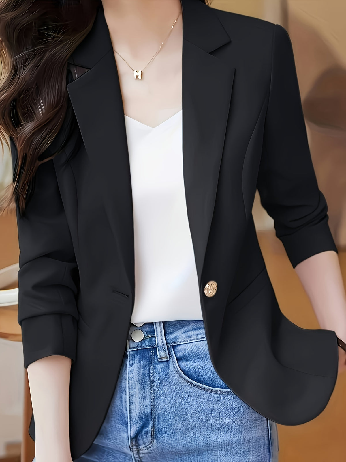 Blazer  estiloso feminino com fecho de botão único - Casual, manga comprida