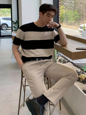 Camisa masculina de manga curta, leve, listrada e com blocos de cores
