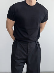 Camisa masculina de poliéster com gola redonda -  manga curta e cor sólida