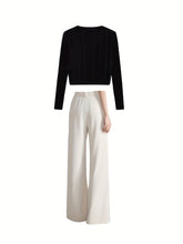 Look Coreano Outono/Inverno – Conjunto Elegante com Blusa de Manga Longa e Calça Casual Bege