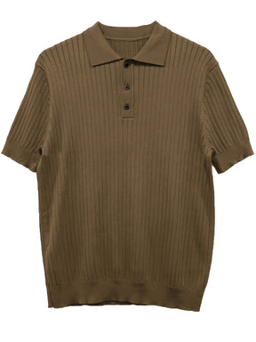 Camisa Polo malha canelada de cor sólida masculino - Top de malha de manga curta