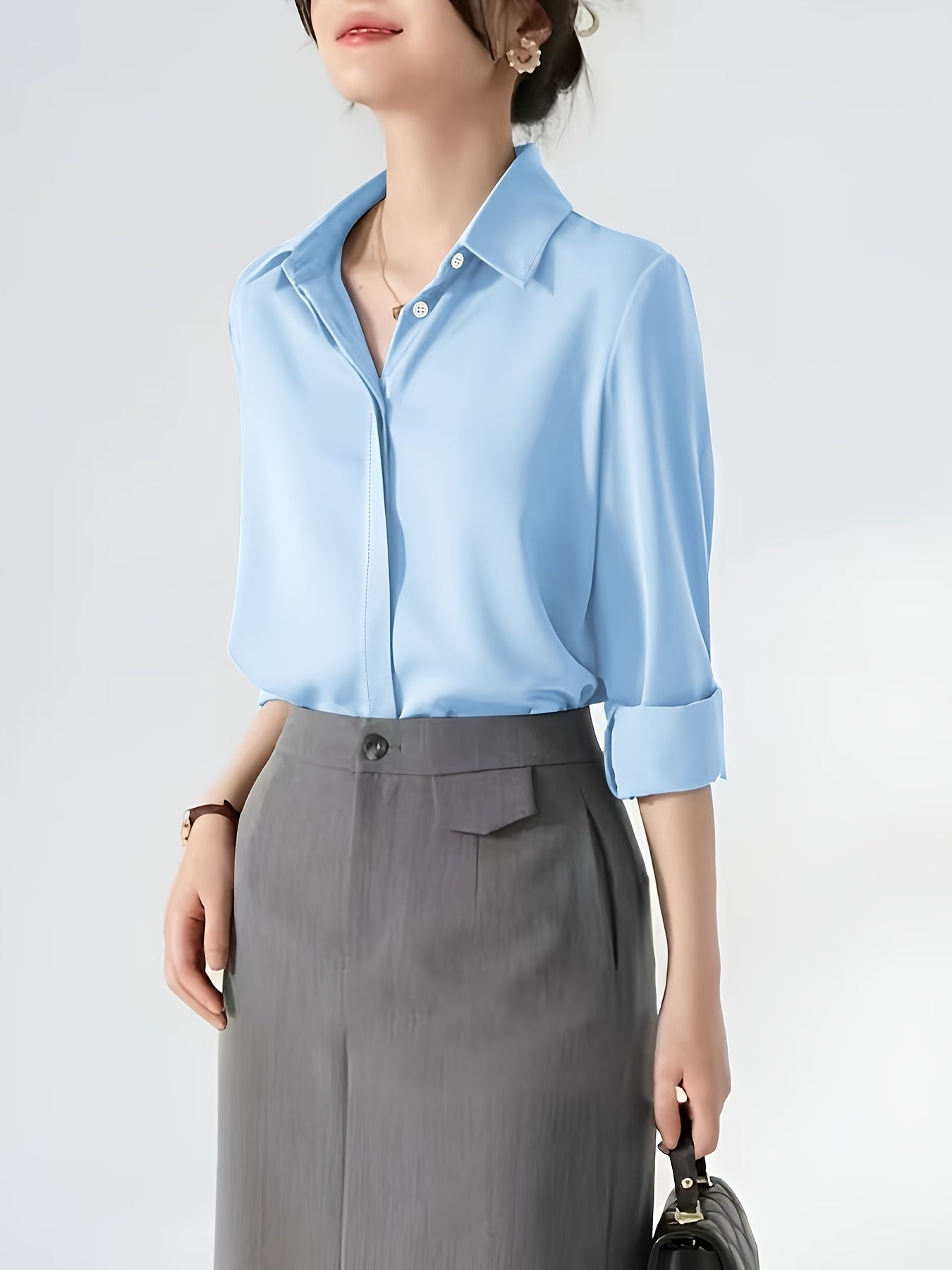 Camisa de botão frontal ,elegante de lapela de  manga comprida