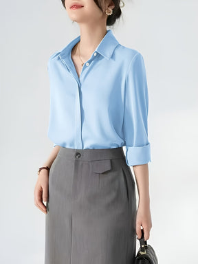 Camisa de botão frontal ,elegante de lapela de  manga comprida