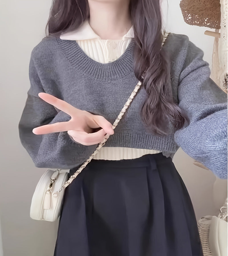 Look Coreano de Tricô – Conjunto Duas Peças com Gola V