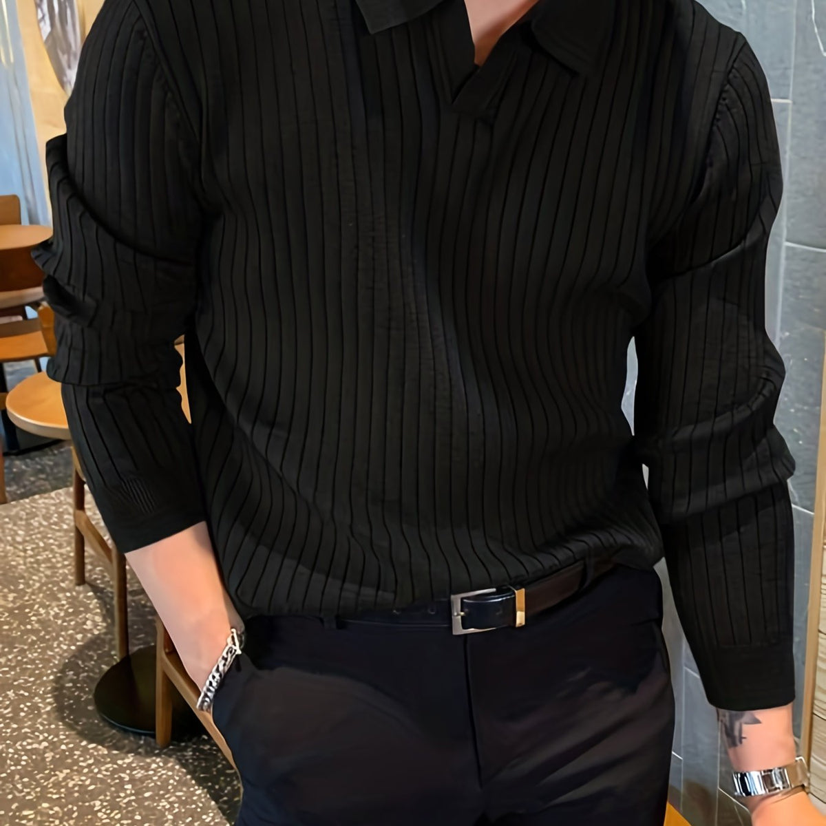 Camisa de malha suéter masculino casual com lapela e decote em V