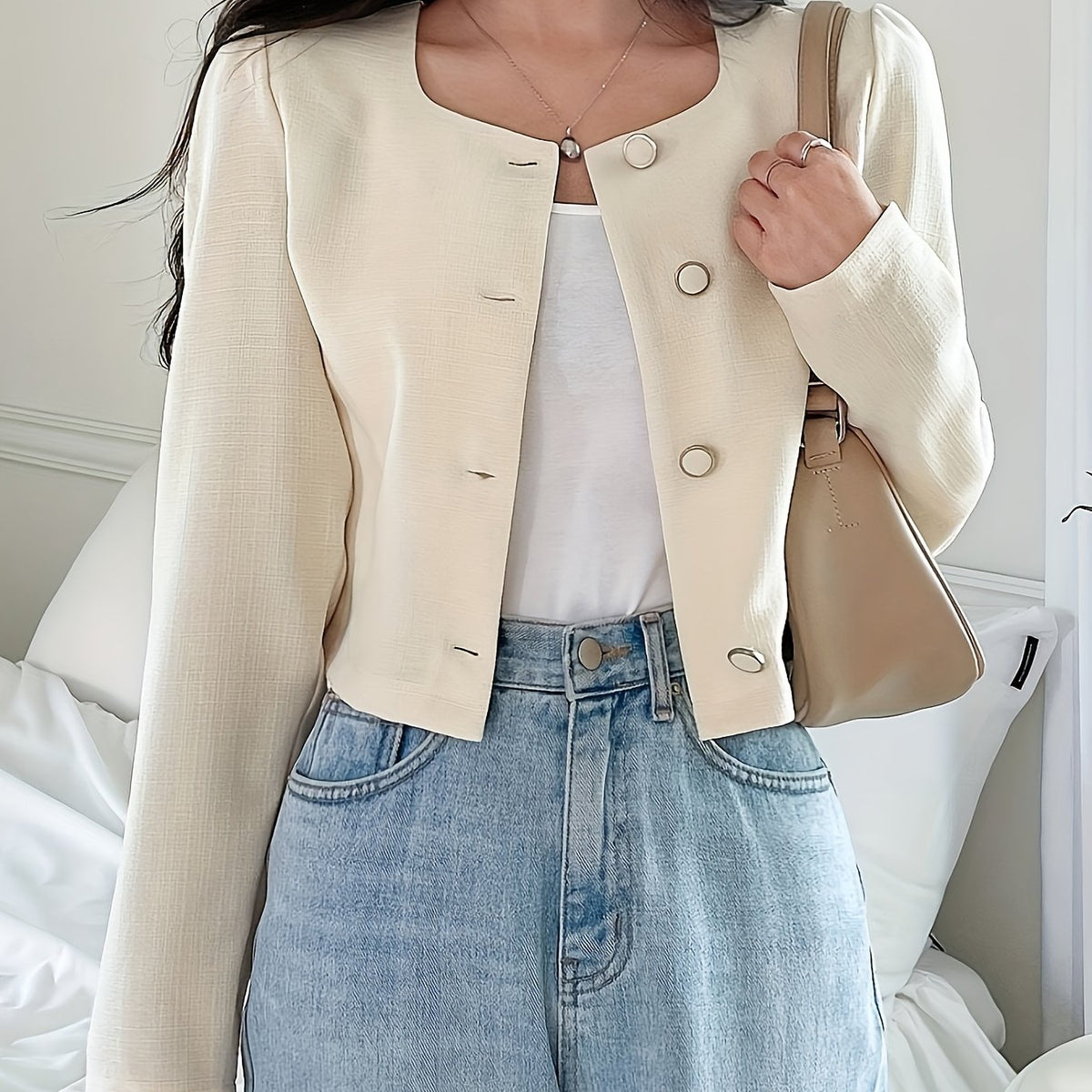 Blazer elegante de comprimento curto com mangas bufantes longas