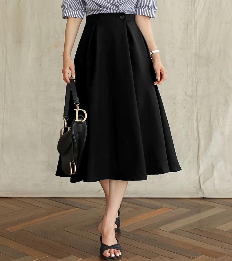 Saia Midi Evasê de Cintura Alta - Look Elegância Coreana