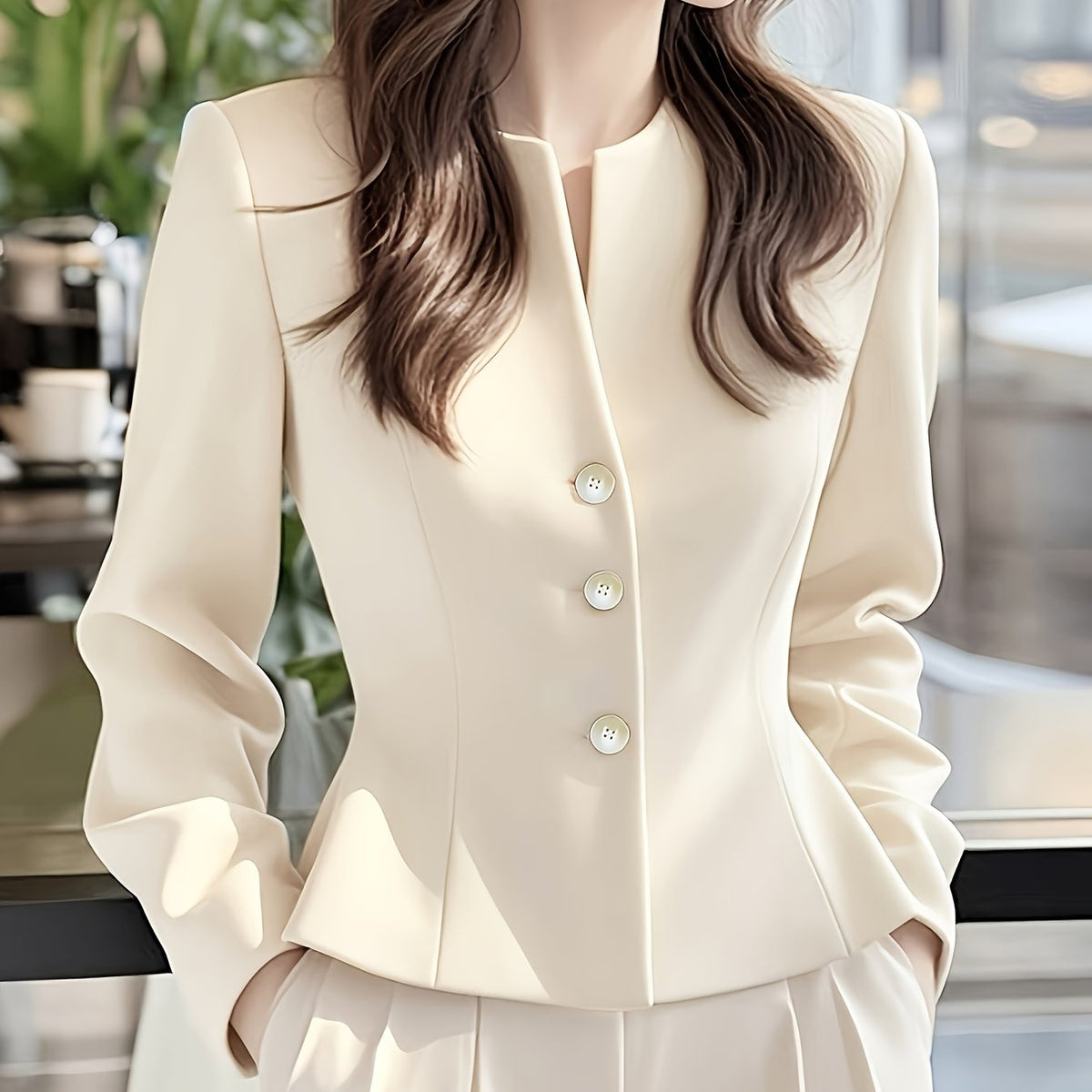 Blazer elegante com decote em V e abotoamento