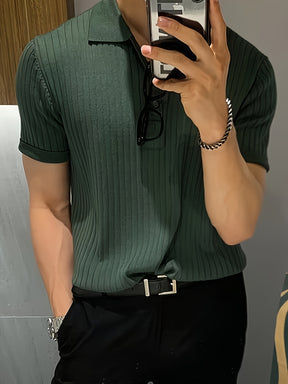 Camisa Polo malha canelada de cor sólida masculino - Top de malha de manga curta