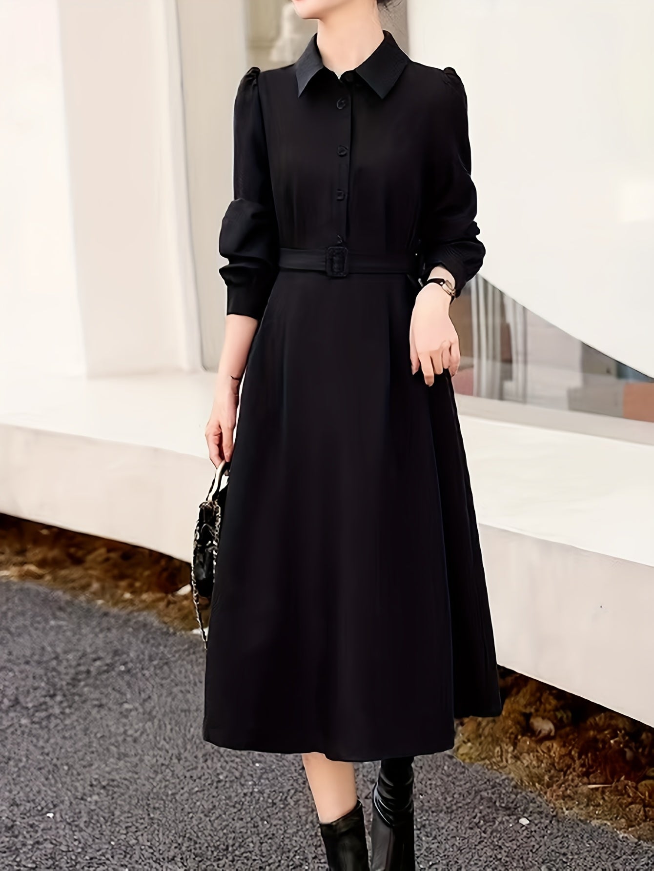 Conjunto elegante de duas peças - Vestido de manga comprida com bainha assimétrica e camisa