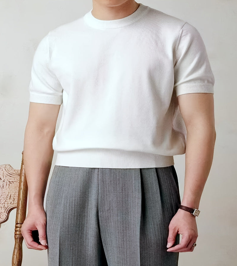 Camiseta de malha casual masculina de manga curta - ajuste folgado, gola redonda