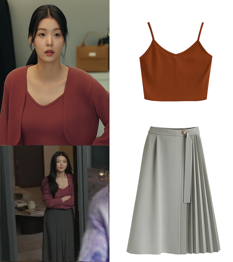 Look Kim You Jung (Rainha das lagrimas) - Saia Midi Irregular  e Cropped Vinho
