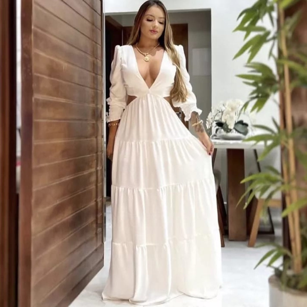 Vestido Longo Elegante Feminino Decote V Profundo Em Tecido Premium Manga Longa Casamento Madrinha Princesa Luxuoso Sexy