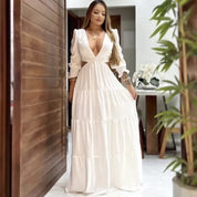 Vestido Longo Elegante Feminino Decote V Profundo Em Tecido Premium Manga Longa Casamento Madrinha Princesa Luxuoso Sexy