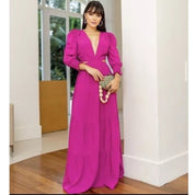 Vestido Longo Elegante Feminino Decote V Profundo Em Tecido Premium Manga Longa Casamento Madrinha Princesa Luxuoso Sexy