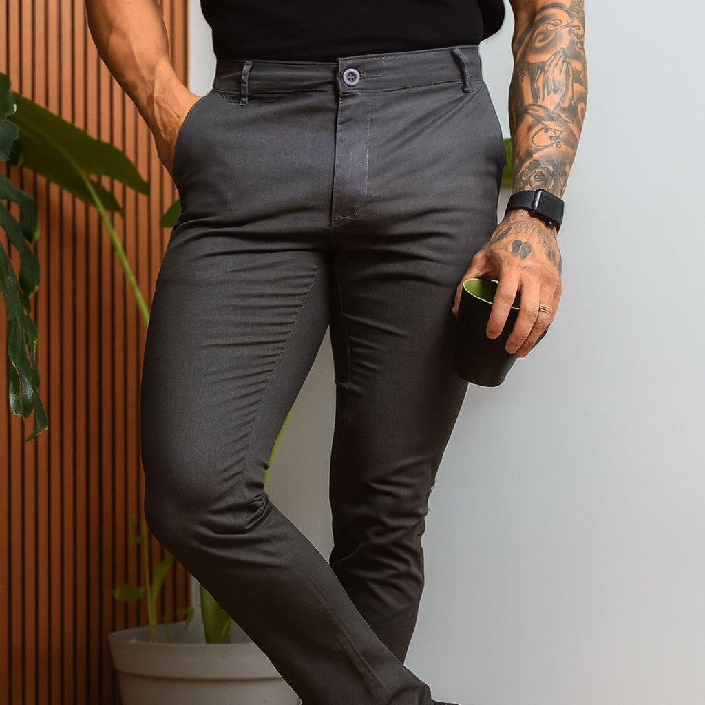 Calça Alfaiataria Masculina Sarja Esporte Fino Social Chino com Elastano