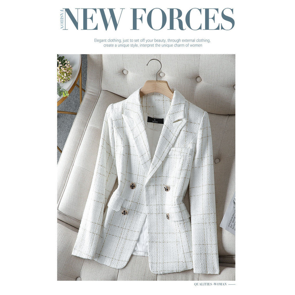 (Alta Qualidade)  Xadrez Forrado Blazer Tweed Feminino Moda Casual Com Botão Slim Cintura Para outono/inverno/primavera